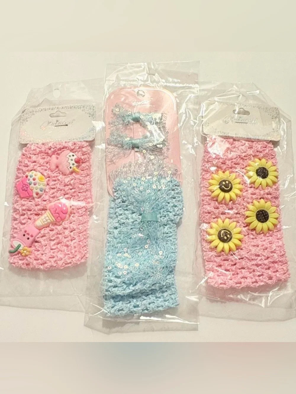 Kids Crochet Headbands with Cute Charms - Pink, Purple, Blue, Set of 12